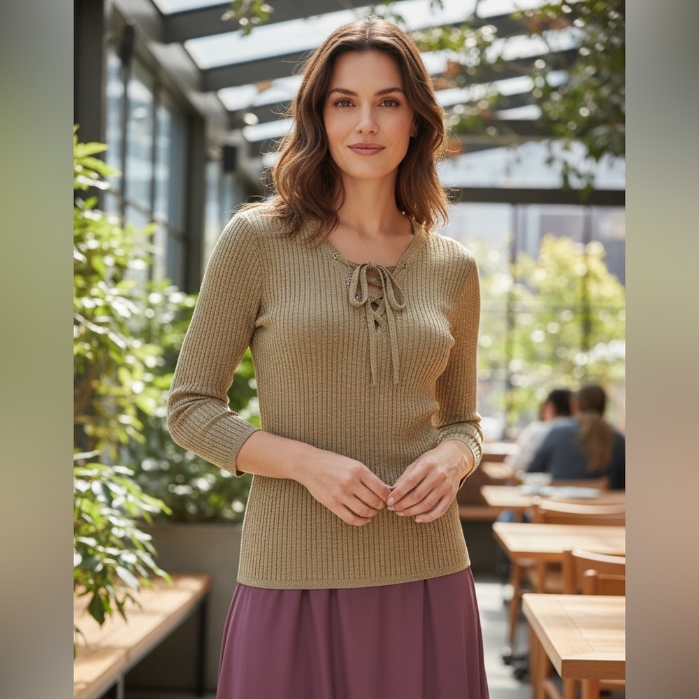 NY&Co Gold Shimmer Taupe Ribbed Lace-Up Sweater | Y2K Fitted Knit, Size L, Party